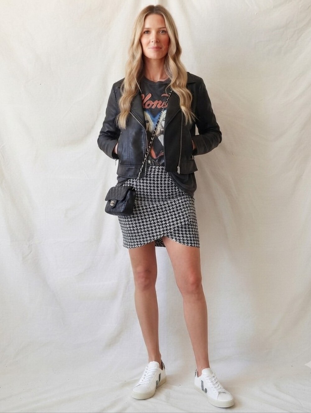 Shein Curve Houndstooth Tulip Mini Skirt Plus Size 1XL Black White Ruched